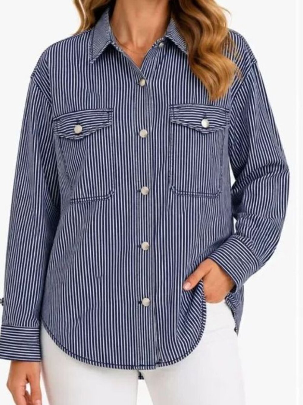 NWT Universal Thread XL Navy Pinstriped Denim Long Sleeve Shacket Jacket Shirt
